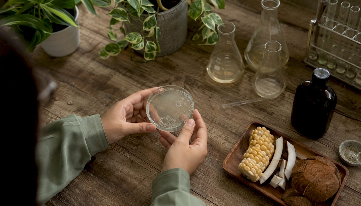 Hands testing plant-based surfactants in lab