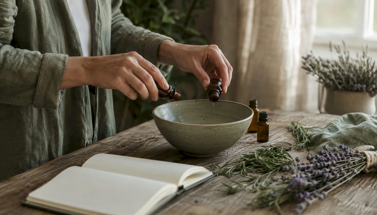Close-up of essential oil bottles and hands mixing