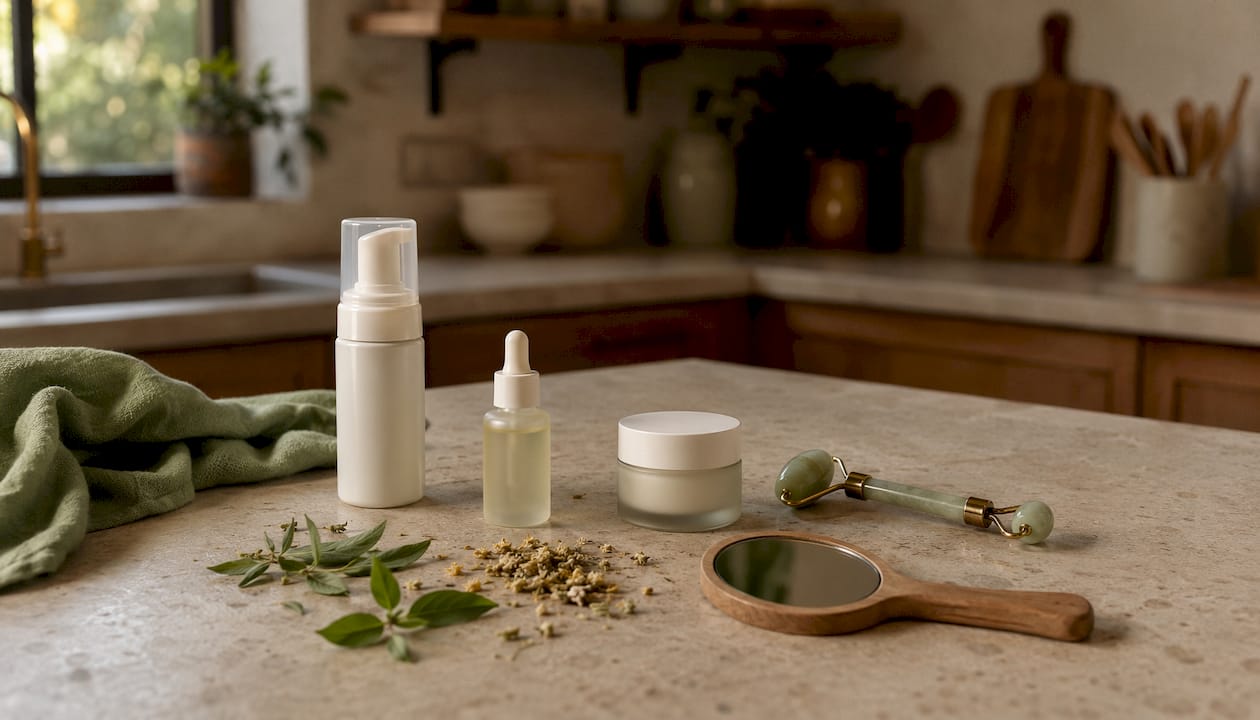 Skincare ritual kit flat lay with natural elements