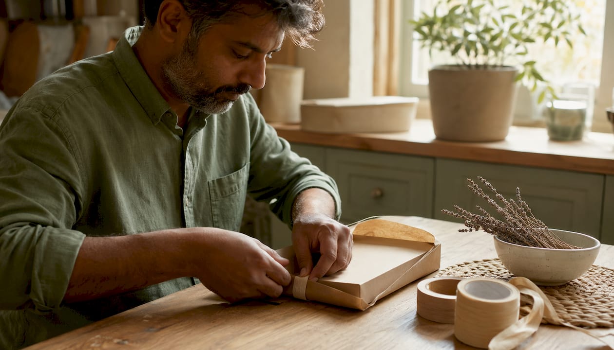 Man wrapping beauty gift box with recycled kraft paper