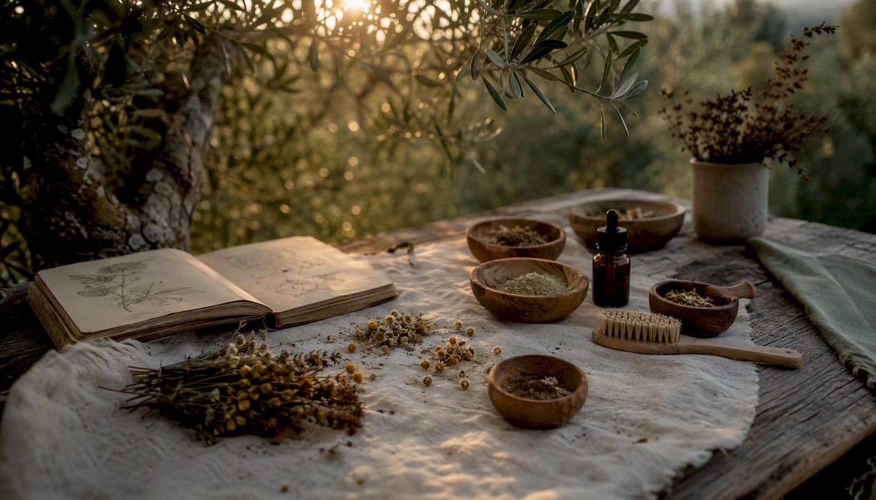 Natural skincare ingredient workspace overhead