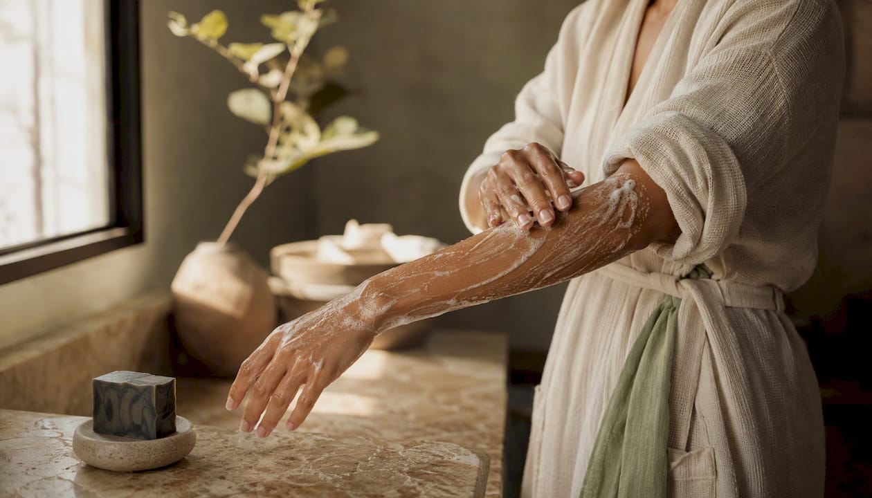 Hands applying black olive soap on damp skin