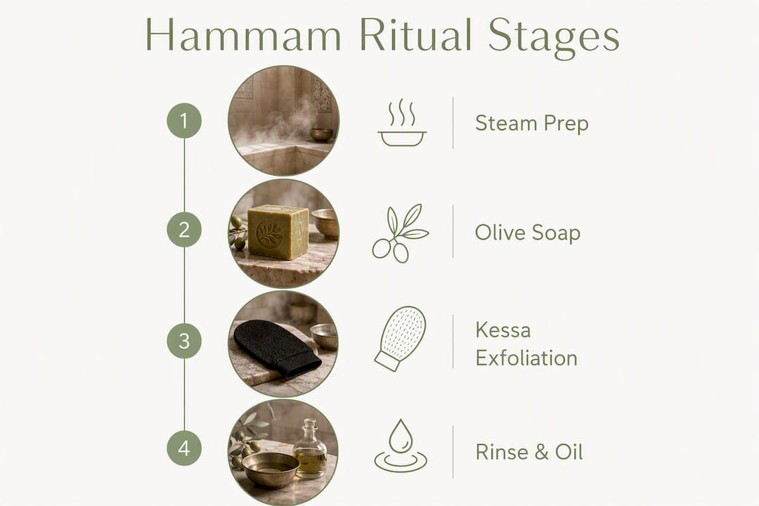 Infographic illustrating four stages of hammam skincare routine