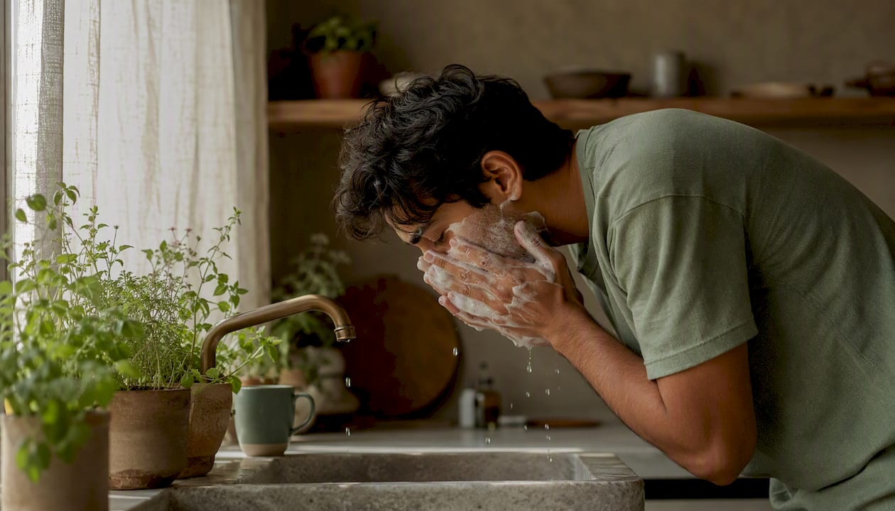 Hands washing face with harsh cleanser