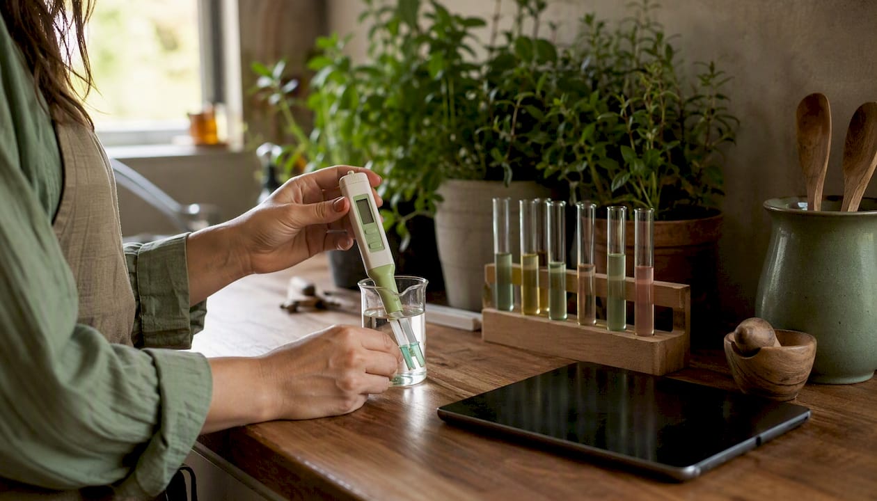 Researcher measuring skincare product pH level