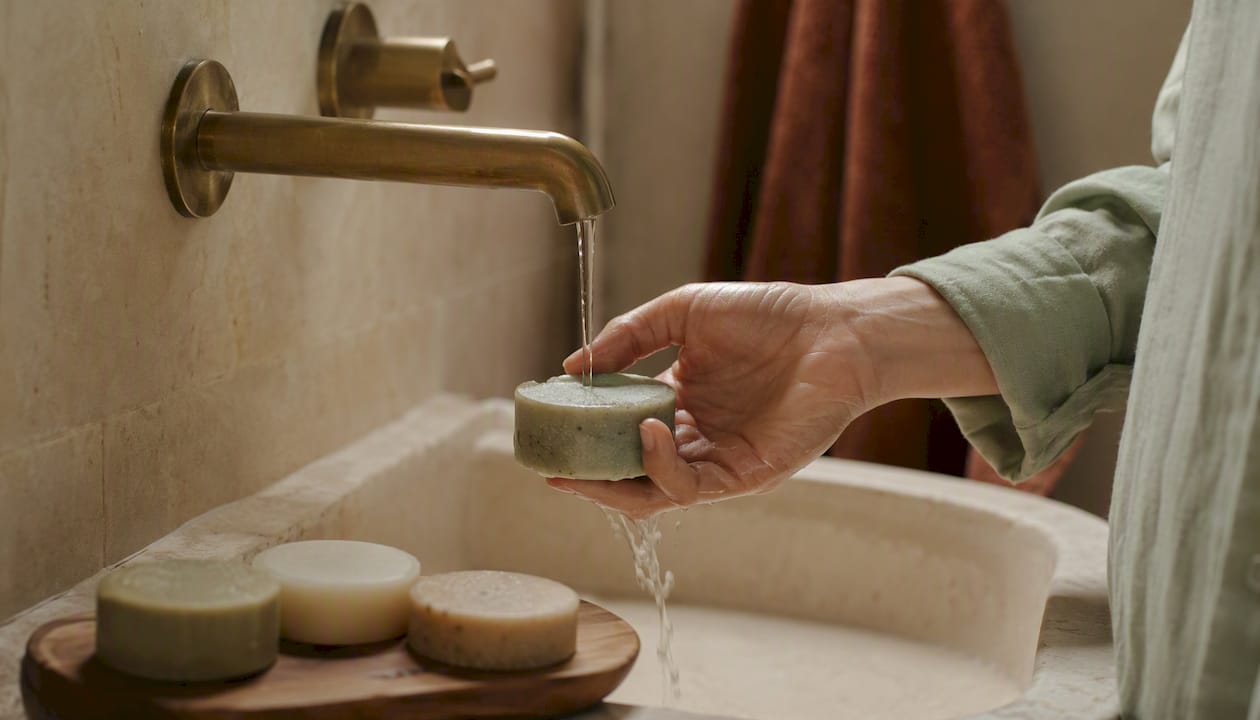 Hand holding wet solid cleansing bar over sink