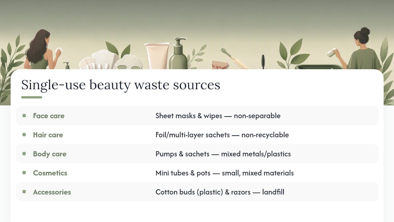 Diagram of single-use beauty waste sources and materials