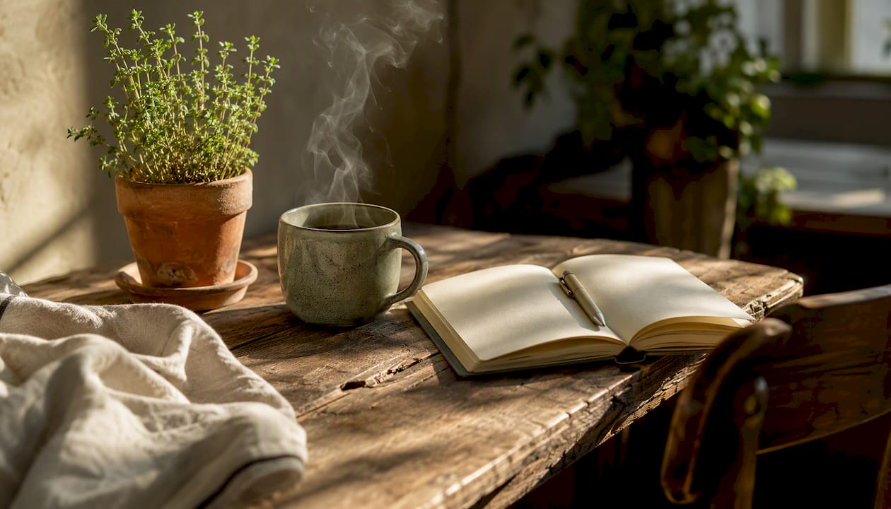 Herbal tea and journal on wooden table