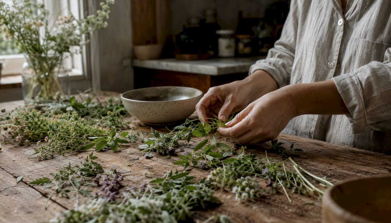 Hands selecting fresh skincare ingredients