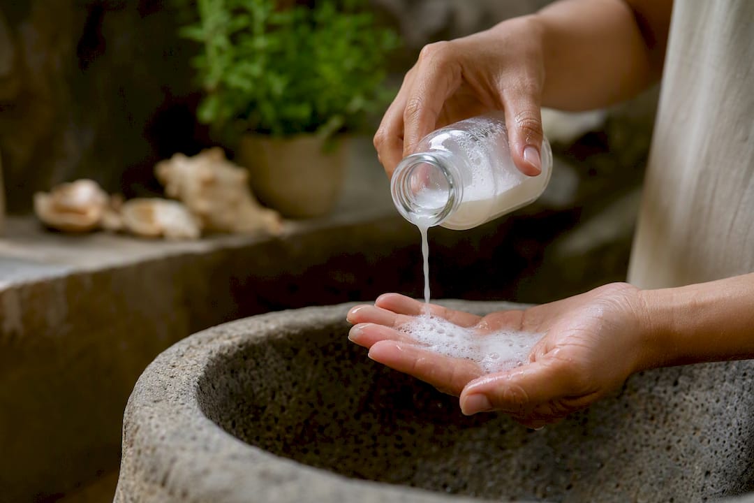 Hand pouring foaming cleanser into palm