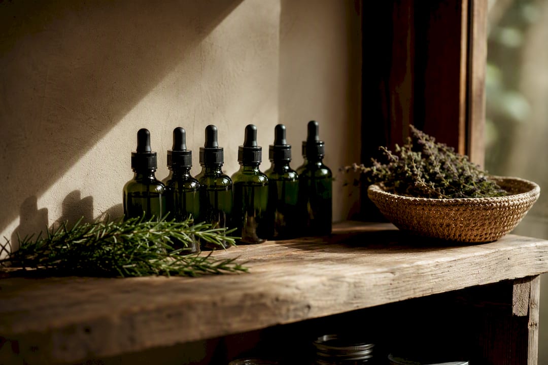 Amber glass bottles on wooden shelf