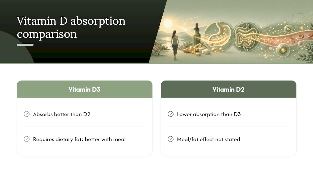 Diagram comparing vitamin D3 and D2 absorption with and without fat