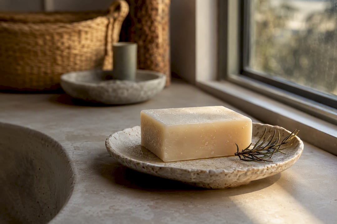 Gentle natural soap bar on bathroom sink