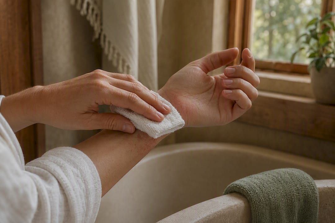 Hands applying cold damp cloth to itchy skin