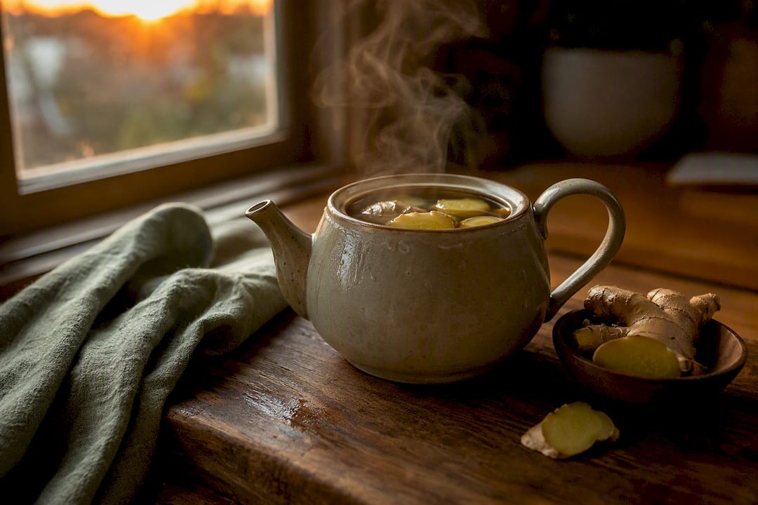 Fresh ginger slices simmering in teapot