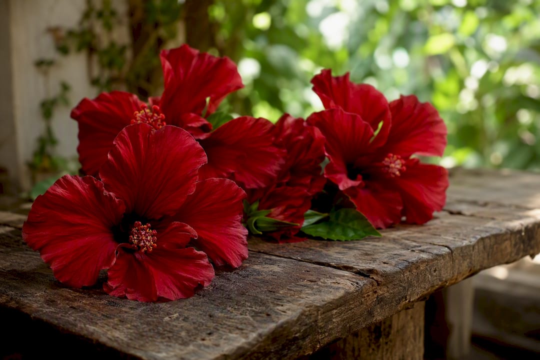 Close-up of vibrant hibiscus flowers on linen