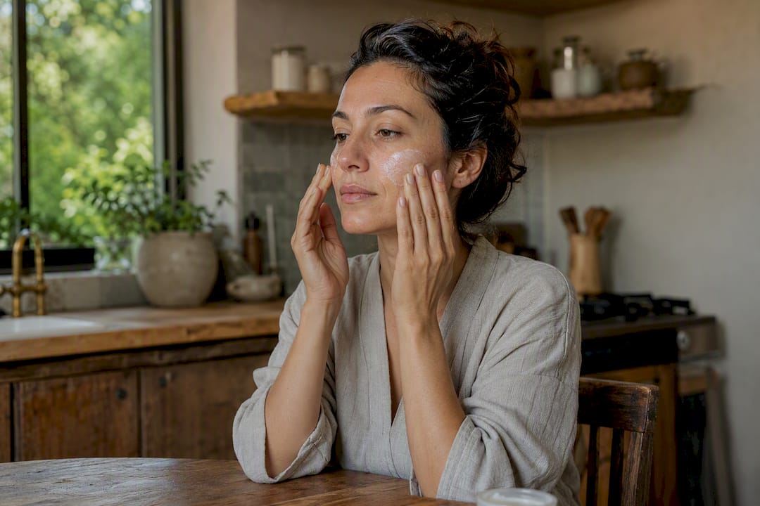 Applying ceramide cream on dry postpartum skin