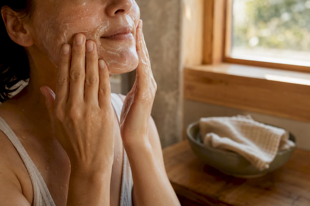Hands gently cleansing sensitive postpartum skin