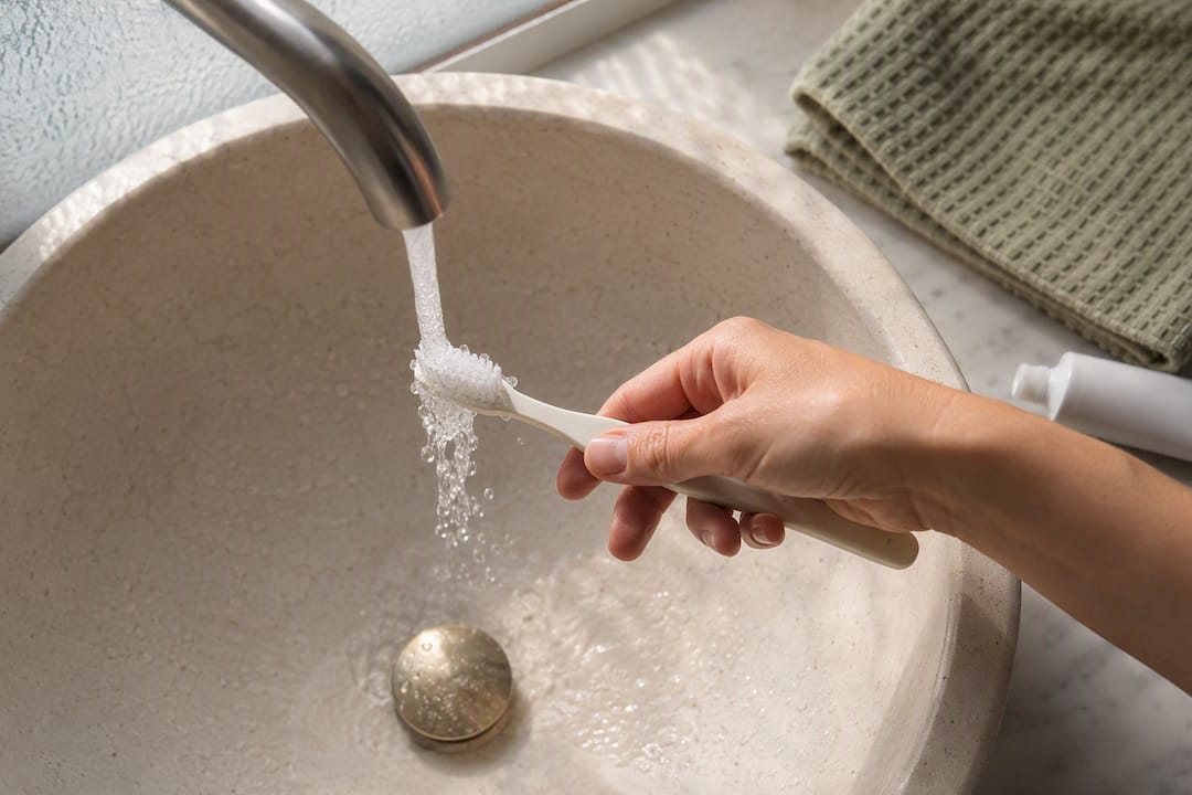Toothbrush and toothpaste beside clean sink