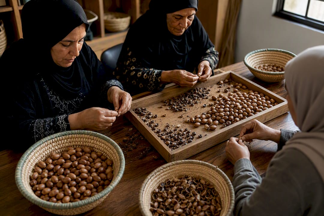 Women sorting argan kernels at cooperative