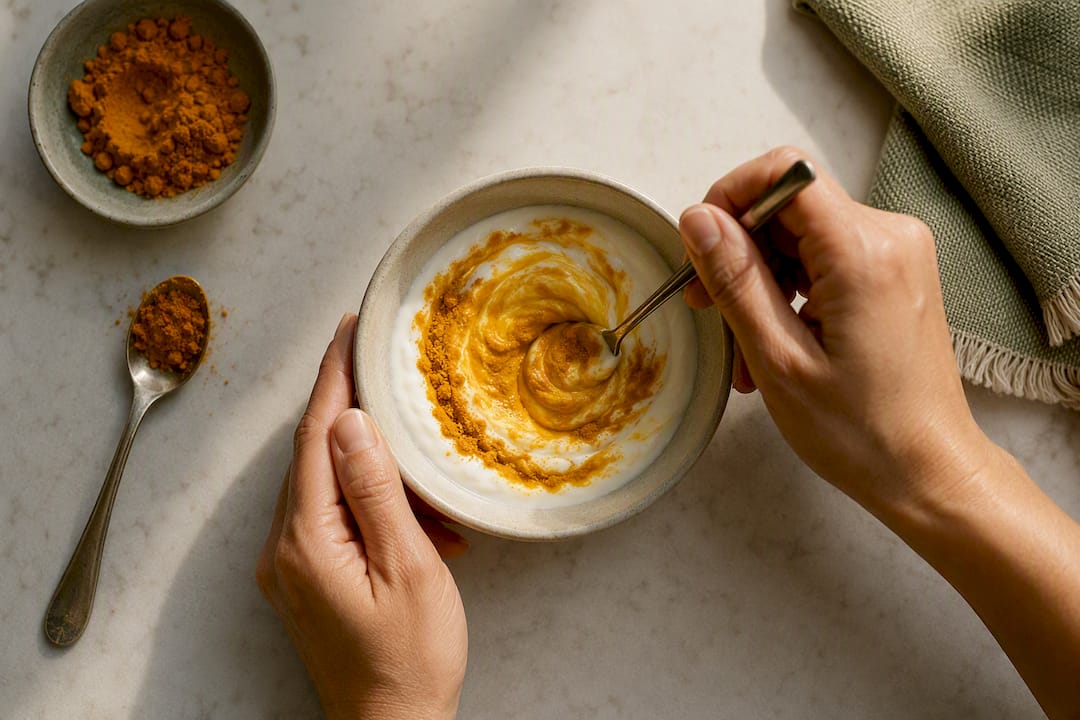 Hands mixing turmeric yogurt mask
