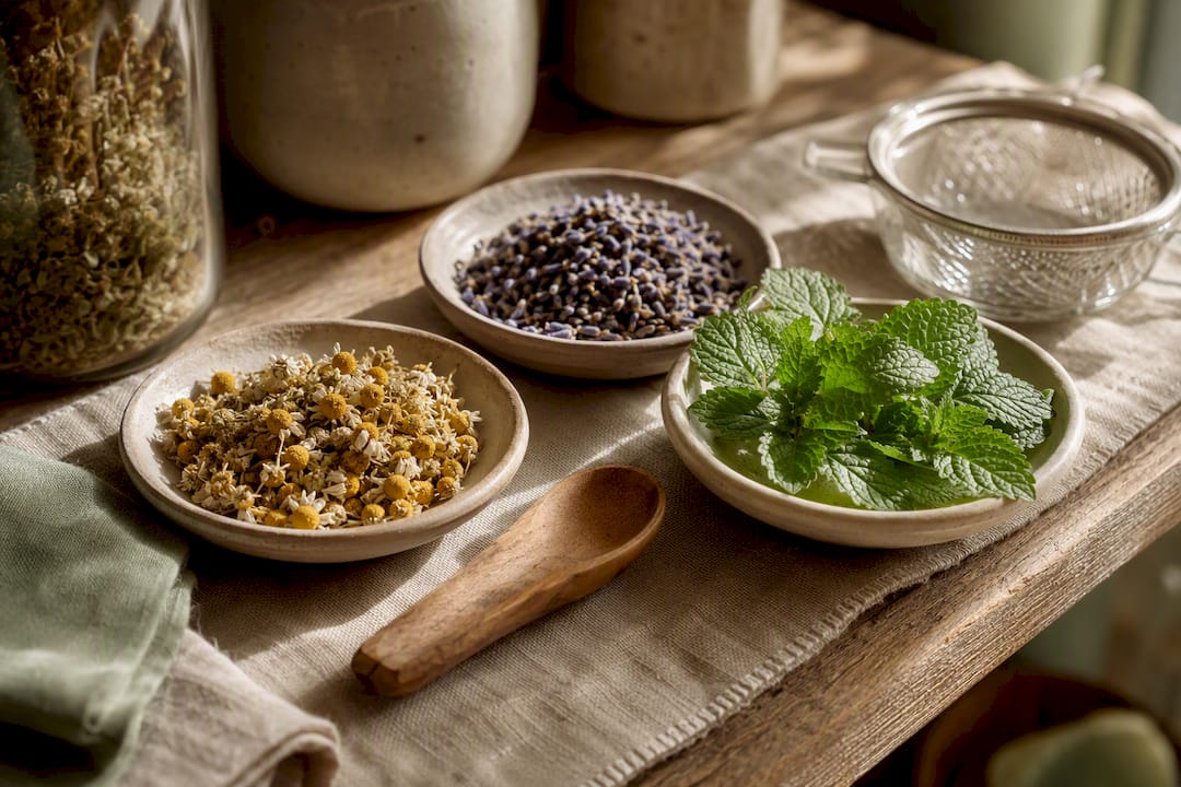 Chamomile lavender and lemon balm herbs