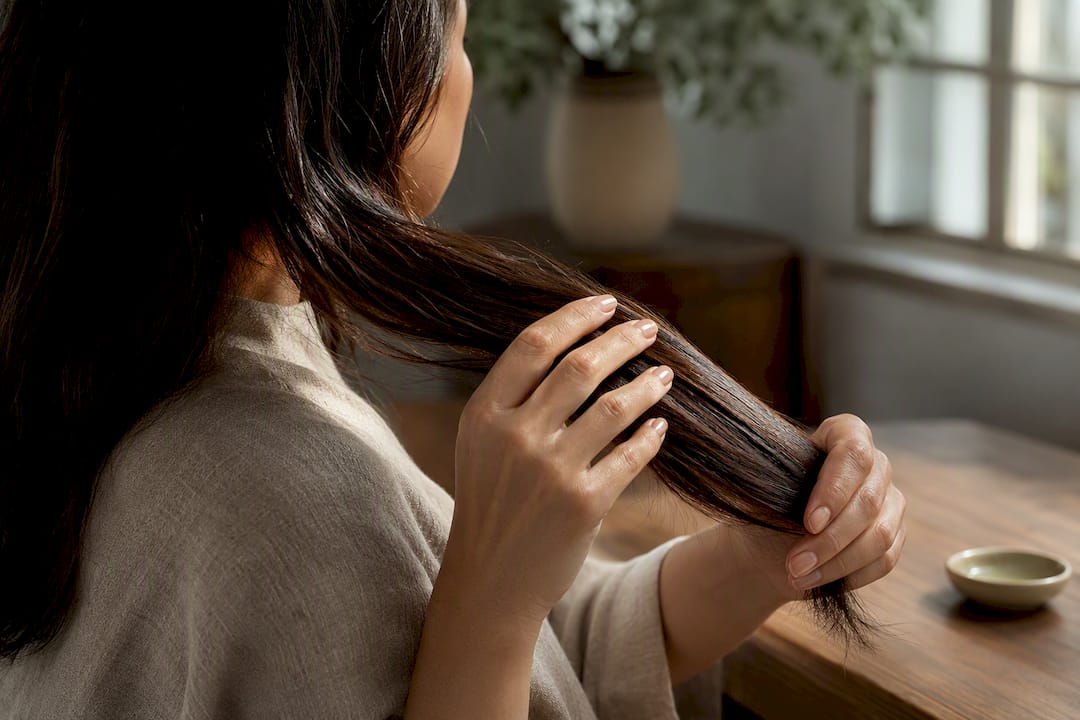 Hands smoothing oil through hair ends