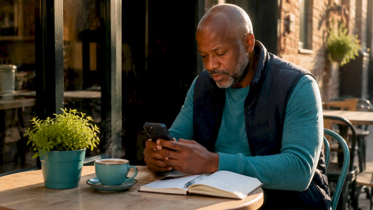 Hands scrolling gift collaboration app on phone in café
