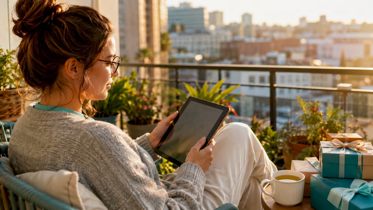 Woman browsing wishlist buy option at home