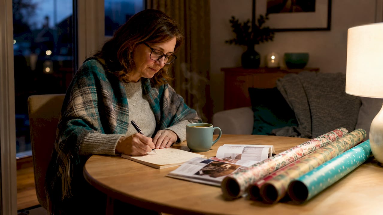 Woman planning Christmas gift list at home table