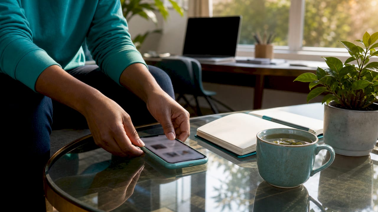 Hands holding phone with wishlist app in café
