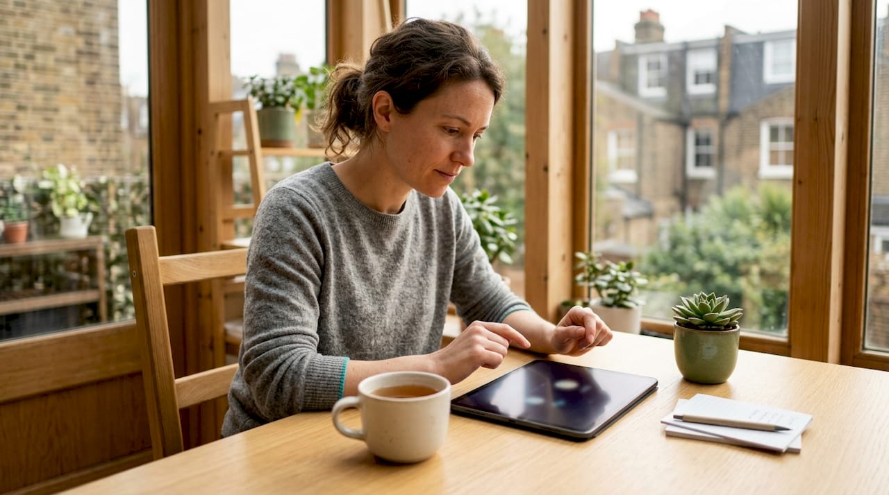 Woman reviewing a shopping wishlist at kitchen table