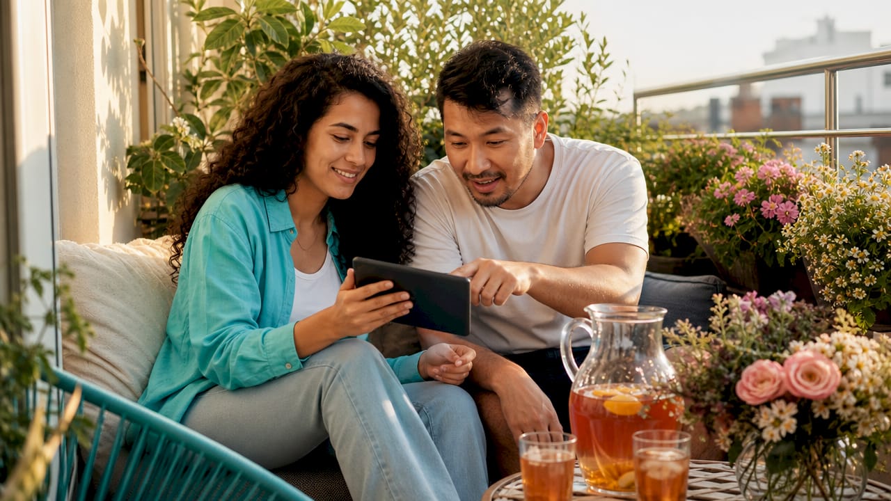 Couple planning wedding wishlist together at home