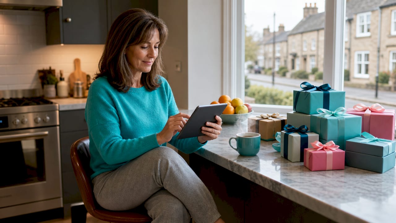 Woman choosing gifts from a curated list at home