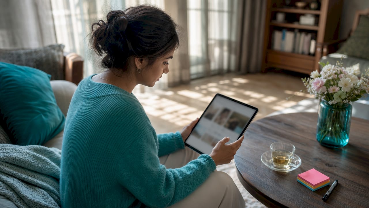 Woman using tablet to browse wedding registry