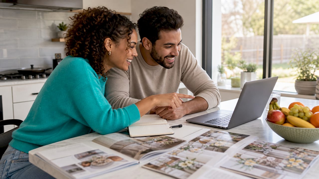 Couple planning wedding gift list at home