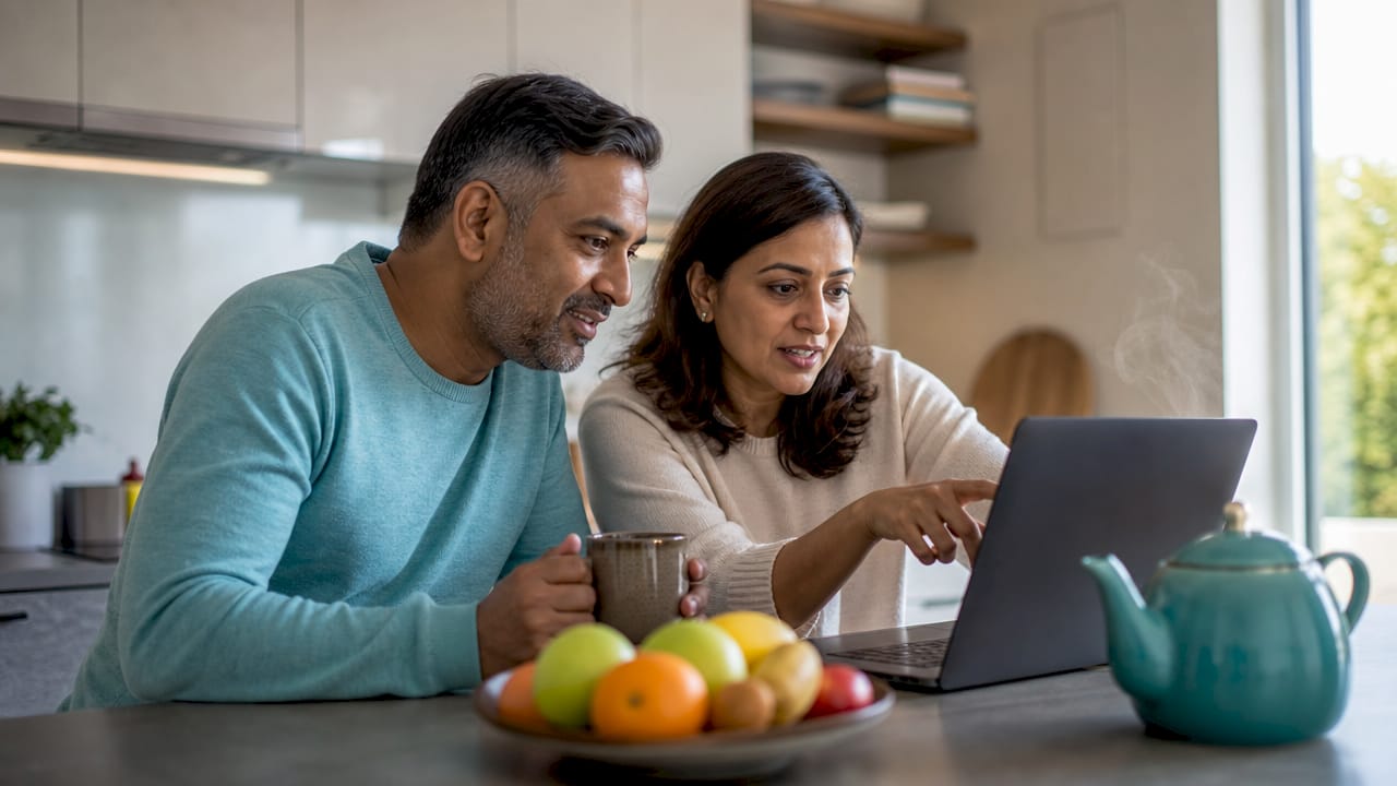 Couple reviewing gift list on laptop in living room