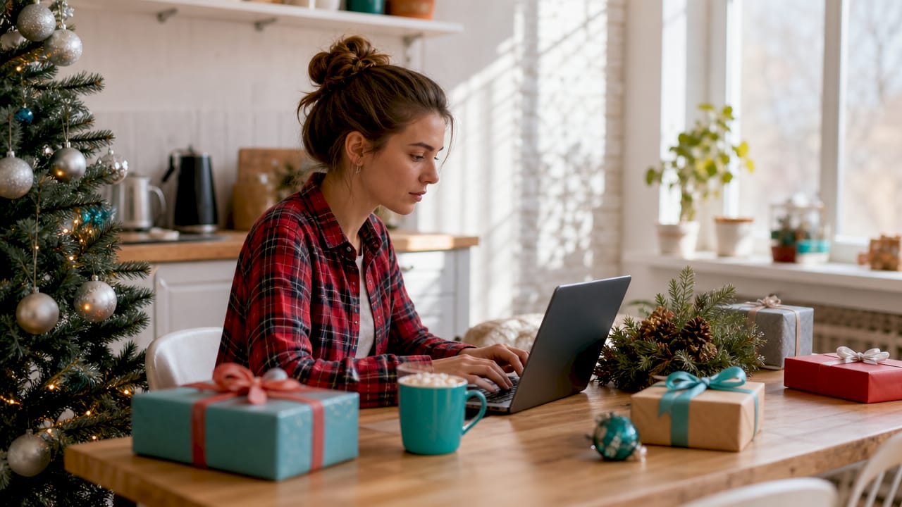 Woman organizing online Secret Santa on laptop
