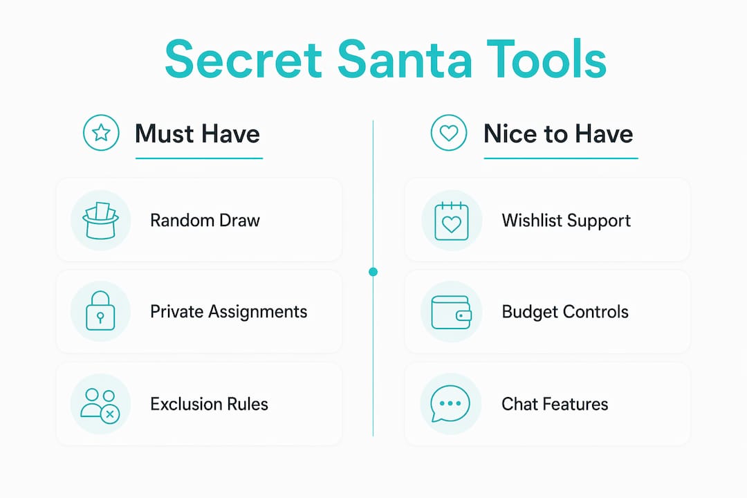 Infographic comparing key Secret Santa tool features