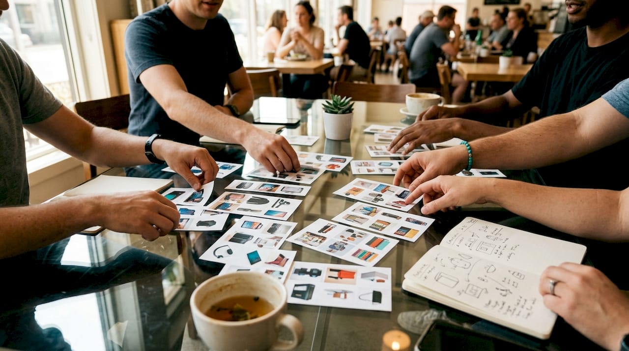 Hands arranging product thumbnail images on table