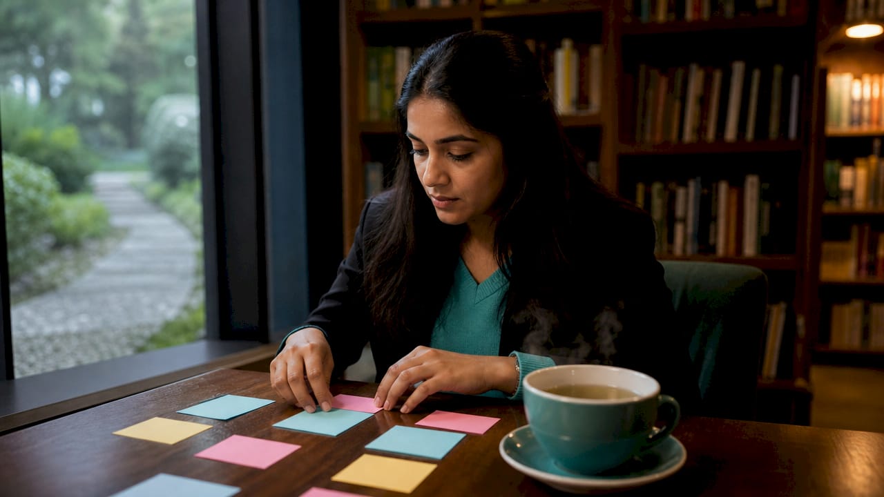 Woman organizing Secret Santa name slips in café