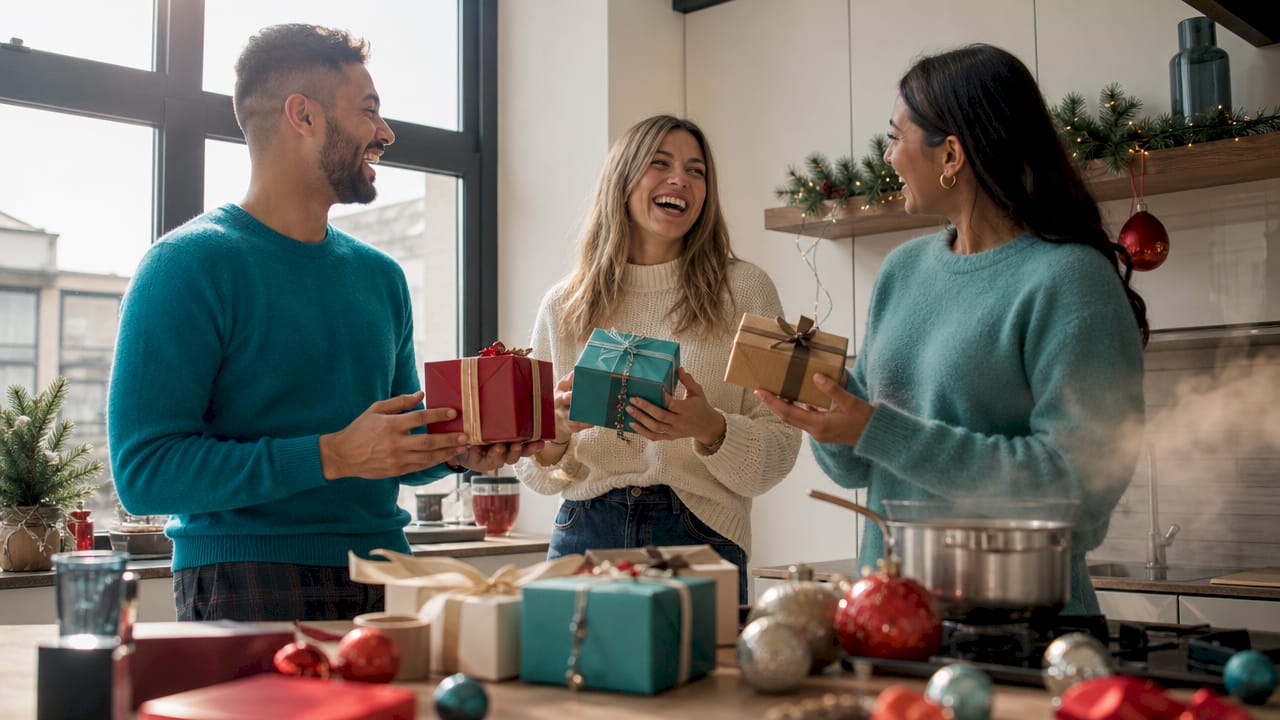 Group exchanging gifts around Christmas tree indoors