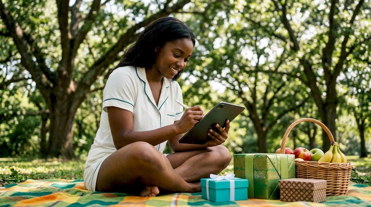 Woman planning gift list on tablet at home