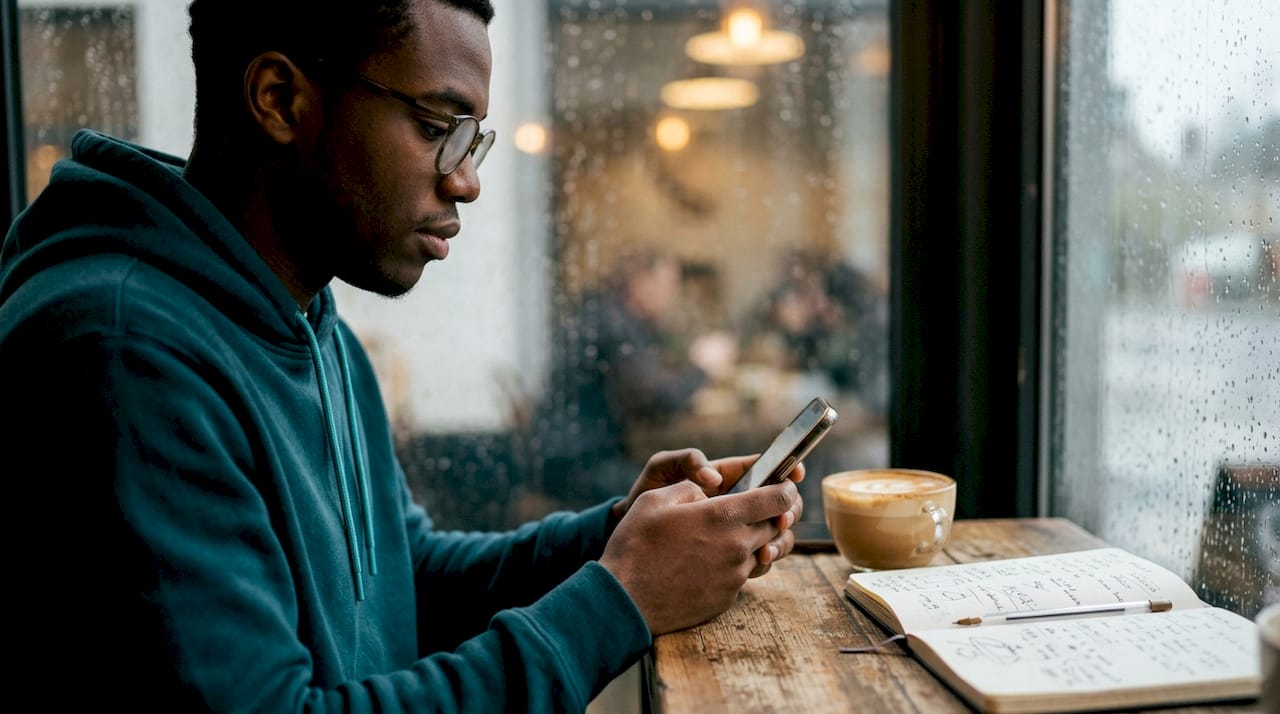 Man adding item to wishlist on smartphone in café