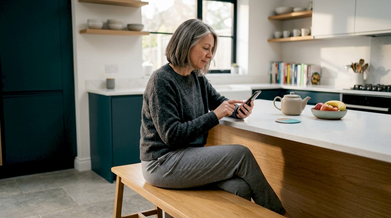 Woman using gift app in living room