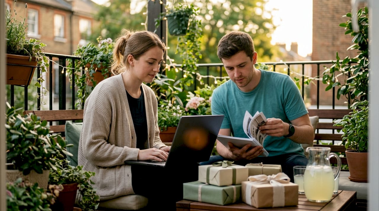 Couple planning UK wedding gift list together