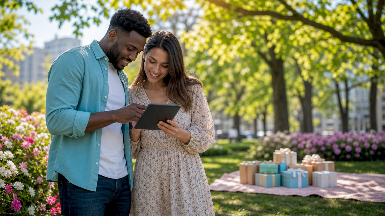 Couple selecting modern wedding gifts on tablet