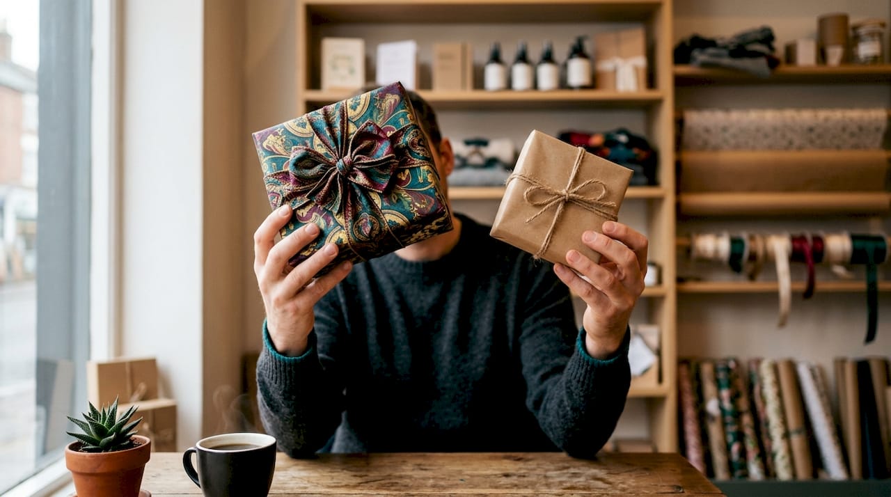 Close-up of hands comparing gift boxes