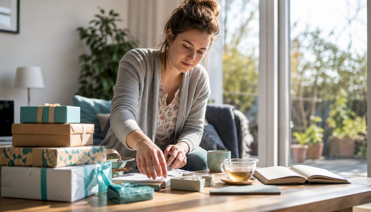 Woman planning gifts at kitchen table