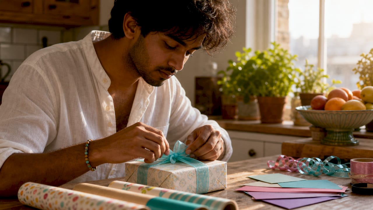 Man crafting creative surprise gift wrapping